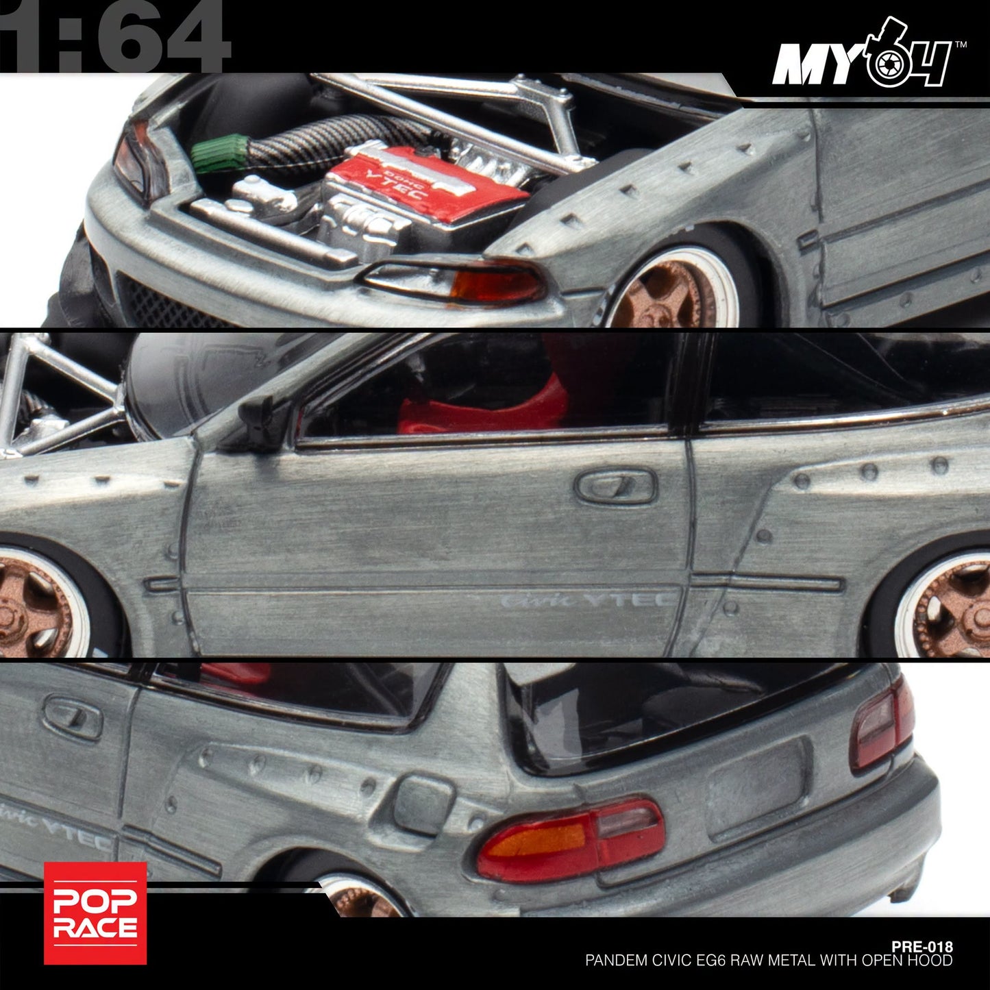 [Pop Race] 1:64 Pandem Honda Civic EG6 - Raw Metal