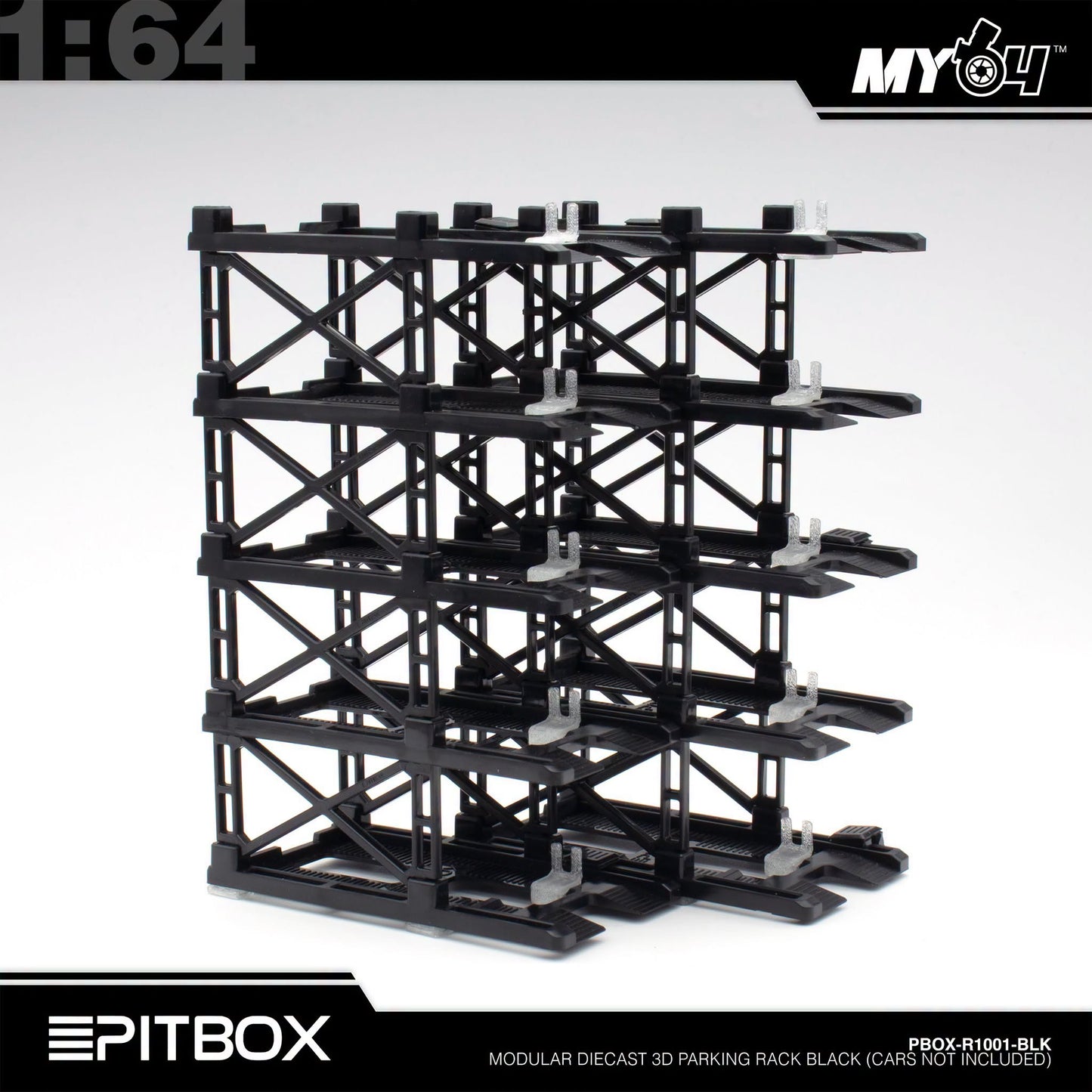 [PitBox] 1:64 Diorama 10-Bay Parking Rack (Black) with Car Holder