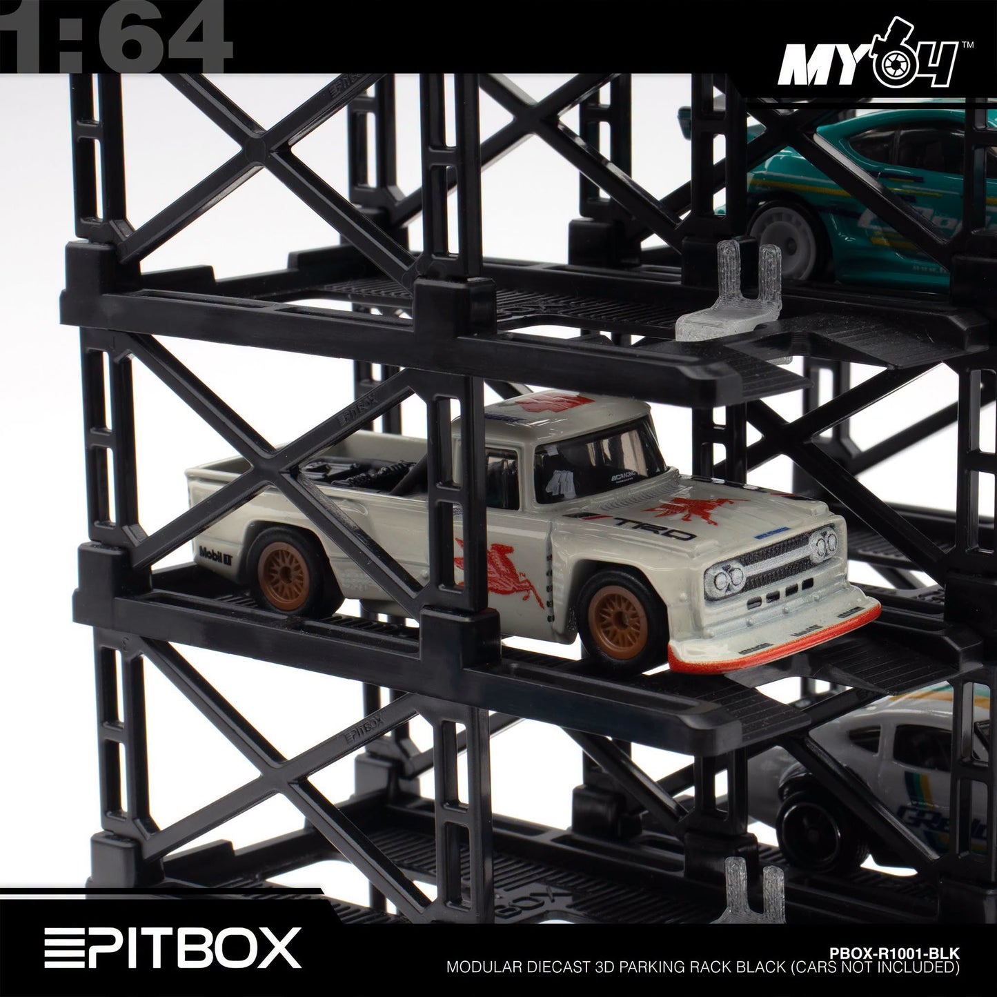 [PitBox] 1:64 Diorama 10-Bay Parking Rack (Black) with Car Holder