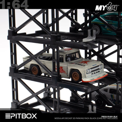 [PitBox] 1:64 Diorama 10-Bay Parking Rack (Black) with Car Holder
