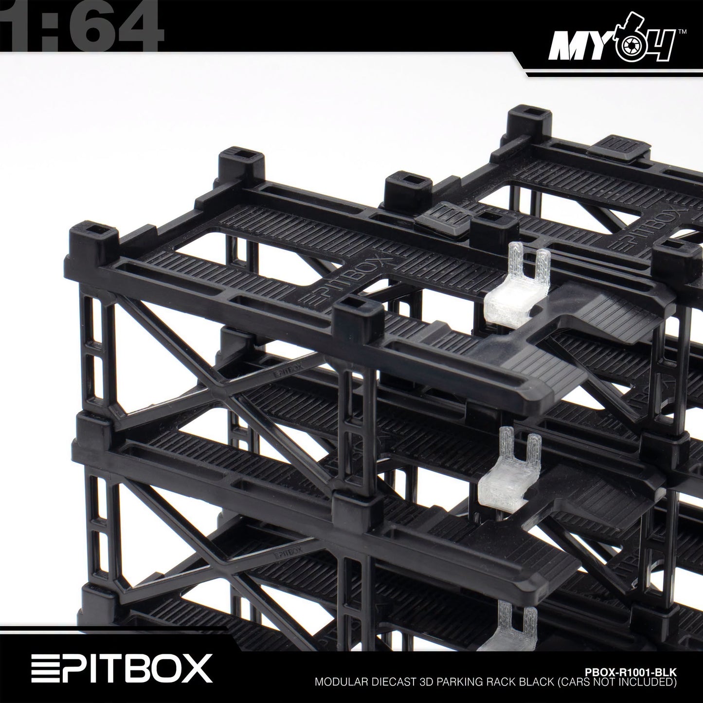 [PitBox] 1:64 Diorama 10-Bay Parking Rack (Black) with Car Holder