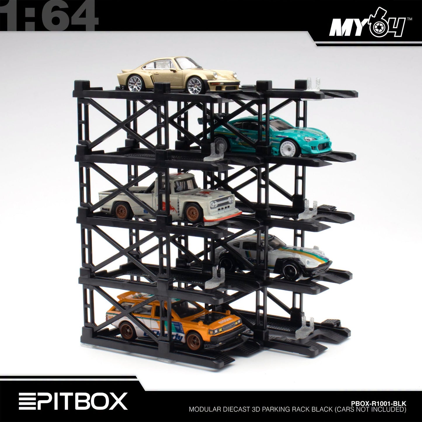 [PitBox] 1:64 Diorama 10-Bay Parking Rack (Black) with Car Holder