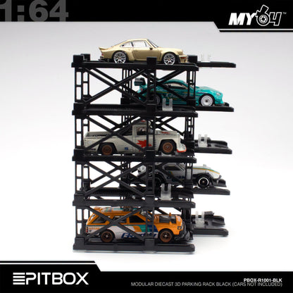 [PitBox] 1:64 Diorama 10-Bay Parking Rack (Black) with Car Holder