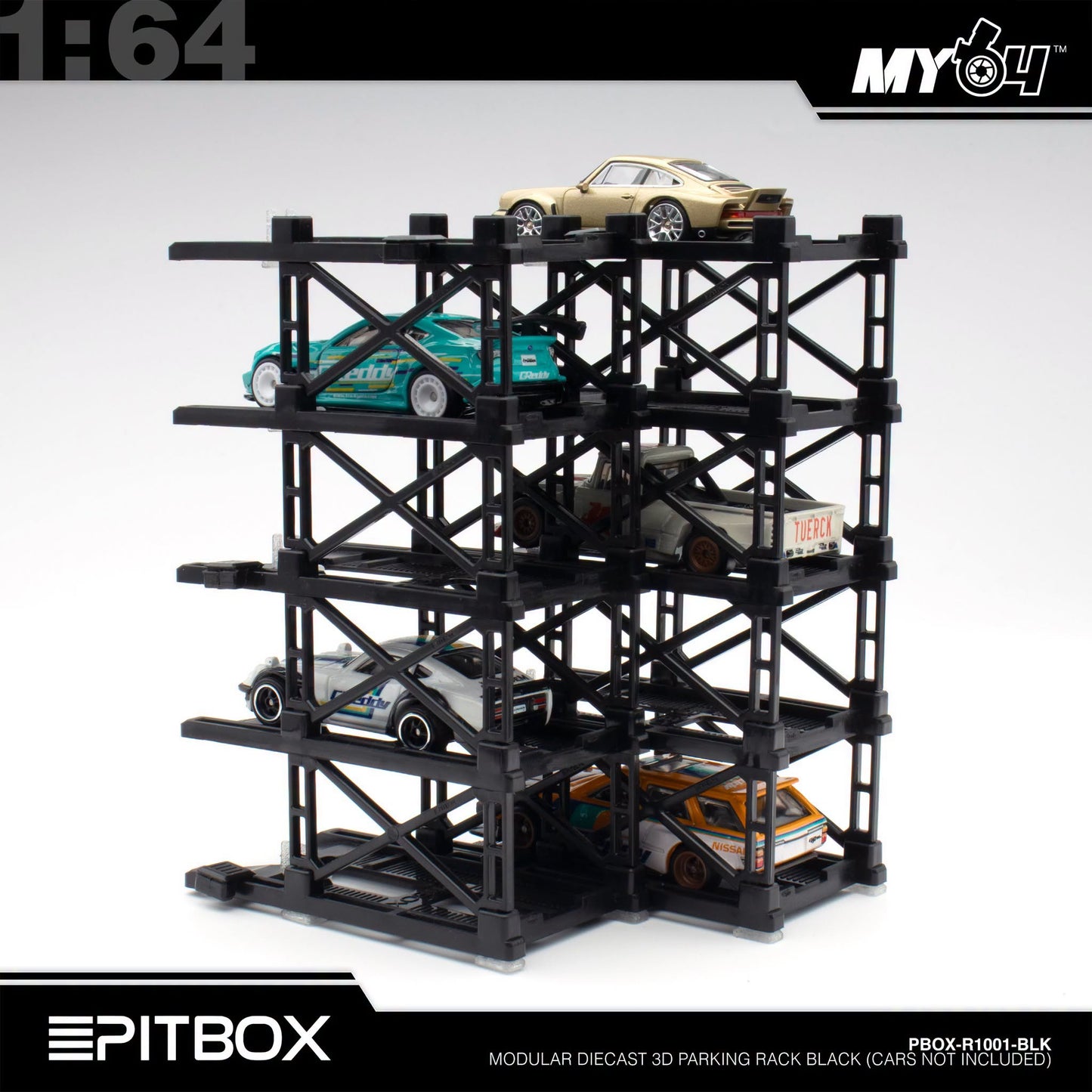 [PitBox] 1:64 Diorama 10-Bay Parking Rack (Black) with Car Holder