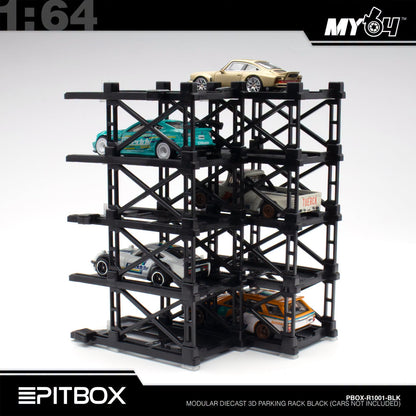 [PitBox] 1:64 Diorama 10-Bay Parking Rack (Black) with Car Holder