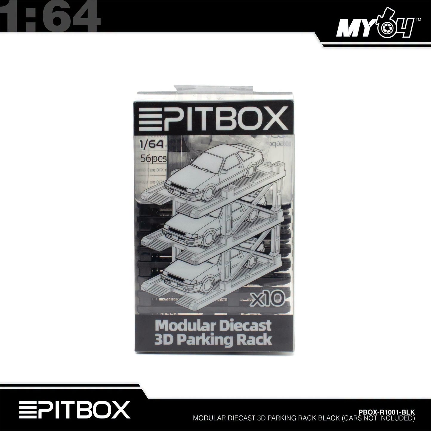 [PitBox] 1:64 Diorama 10-Bay Parking Rack (Black) with Car Holder