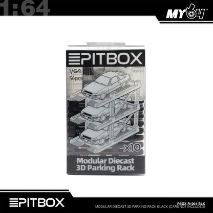 [PitBox] 1:64 Diorama 10-Bay Parking Rack (Black) with Car Holder