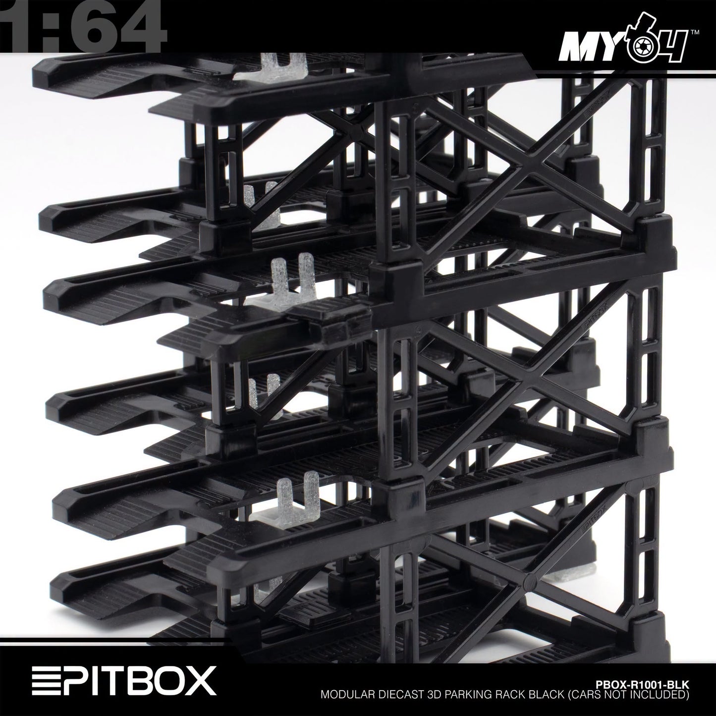 [PitBox] 1:64 Diorama 10-Bay Parking Rack (Black) with Car Holder