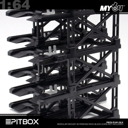 [PitBox] 1:64 Diorama 10-Bay Parking Rack (Black) with Car Holder
