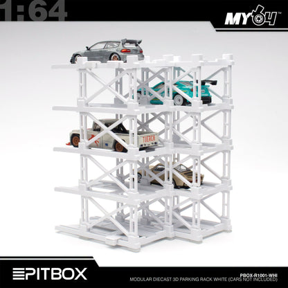 [PitBox] 1:64 Diorama 10-Bay Parking Rack (White) with Car Holder