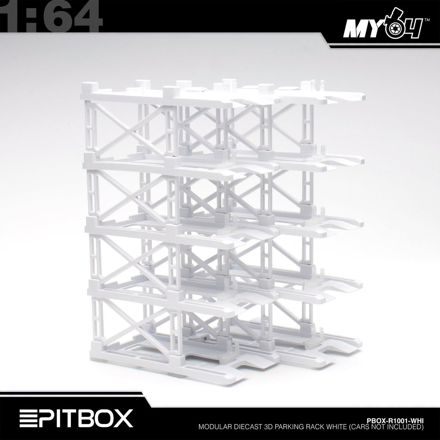 [PitBox] 1:64 Diorama 10-Bay Parking Rack (White) with Car Holder