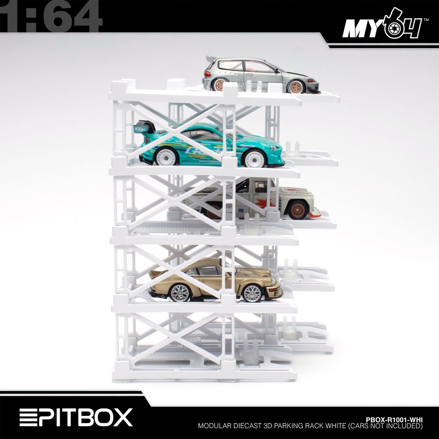 [PitBox] 1:64 Diorama 10-Bay Parking Rack (White) with Car Holder