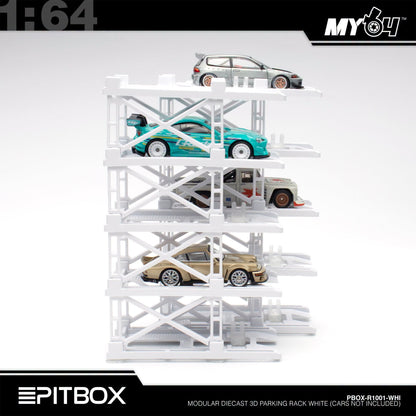 [PitBox] 1:64 Diorama 10-Bay Parking Rack (White) with Car Holder