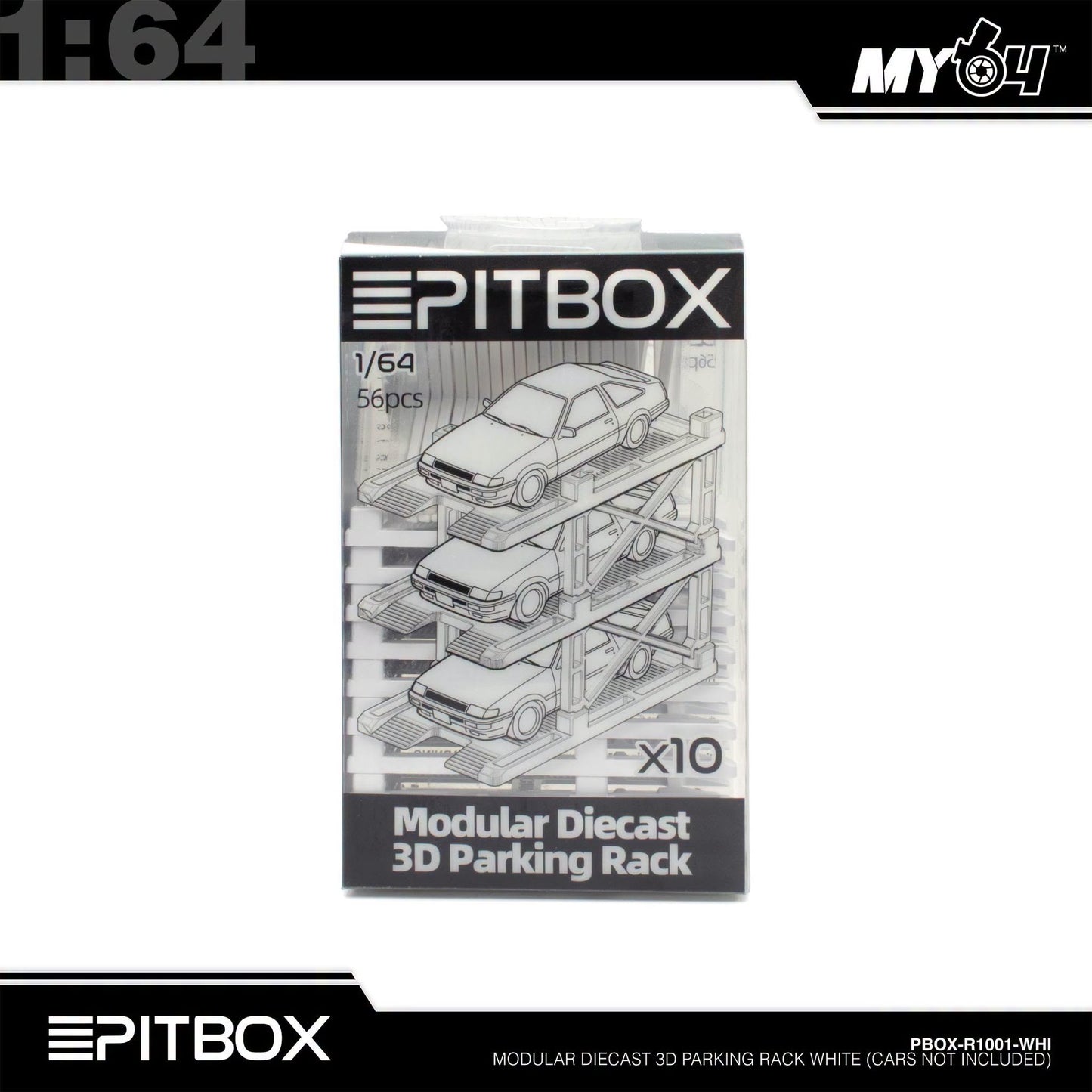 [PitBox] 1:64 Diorama 10-Bay Parking Rack (White) with Car Holder