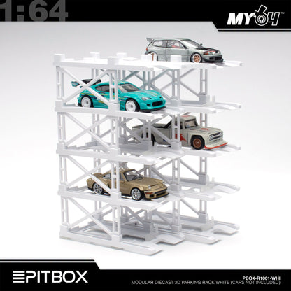 [PitBox] 1:64 Diorama 10-Bay Parking Rack (White) with Car Holder