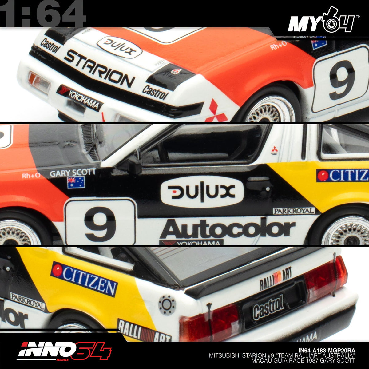 [INNO64] 1:64 Mitsubishi Starion #9 "Team Ralliart Australia" Macau Guia Race 1987 Gary Scott