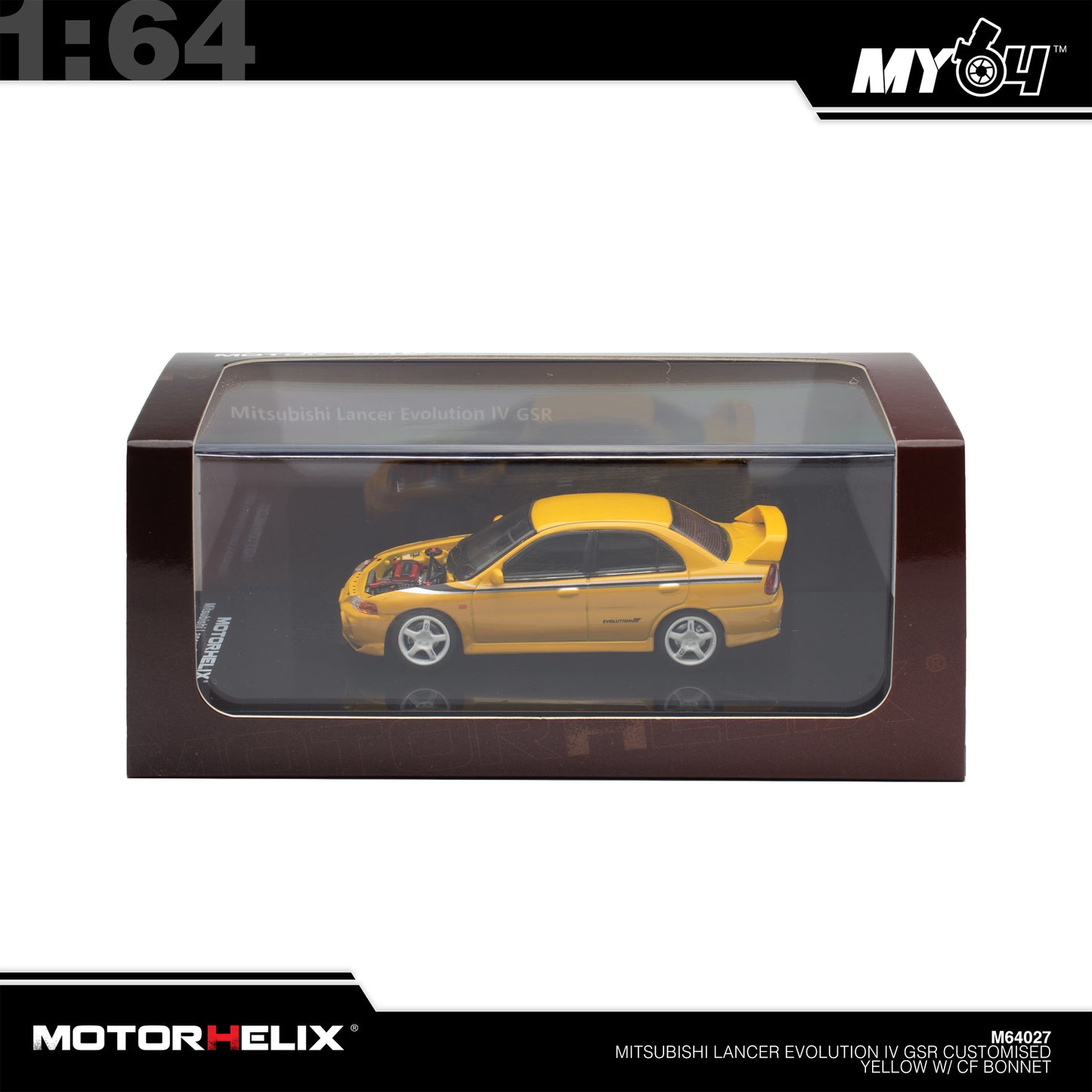 [Motorhelix] 1:64 Mitsubishi Lancer GSR Evolution IV - Customized Yellow with Carbon Bonnet