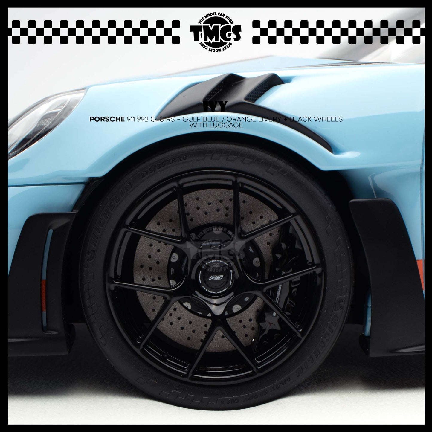 [IVY] 1:18 Porsche 911 992 GT3 RS - Gulf Blue / Orange Livery + Black Wheels WIth Luggage