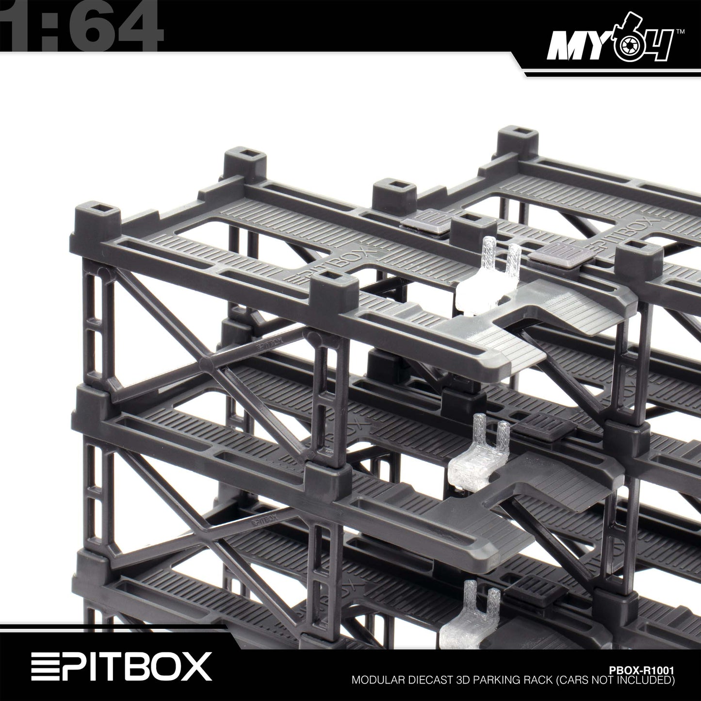 [PitBox] 1:64 Diorama 10-Bay Parking Rack (Grey) with Car Holder