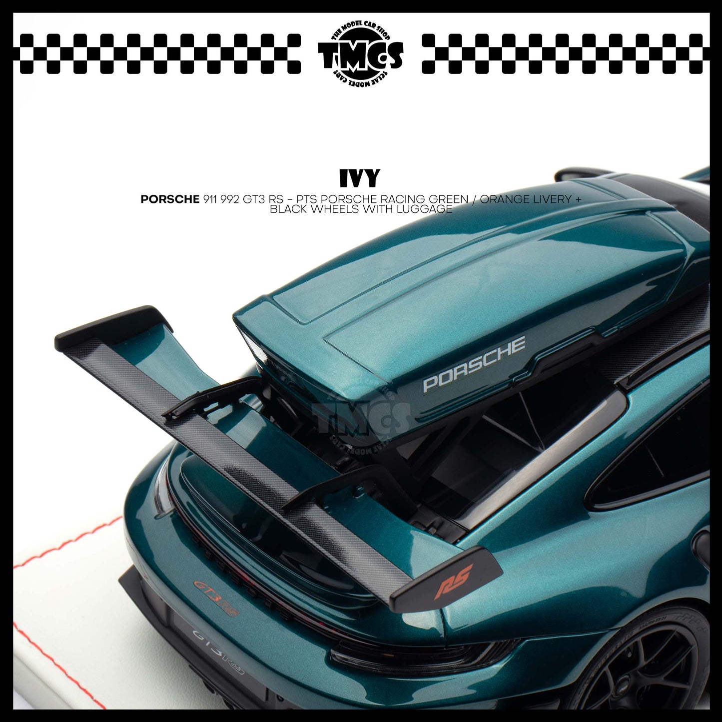 [IVY] 1:18 Porsche 911 992 GT3 RS - PTS Porsche Racing Green / Orange Livery + Black Wheels WIth Luggage