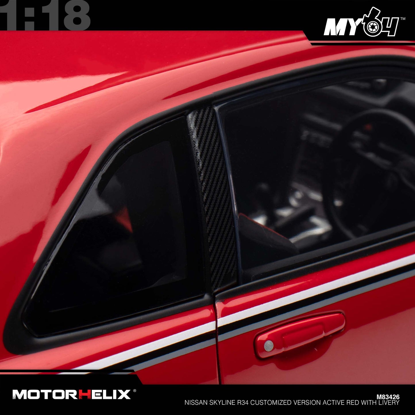 [Motorhelix] 1:18 Nissan Skyline R34 Customized Version -  Active Red With Livery