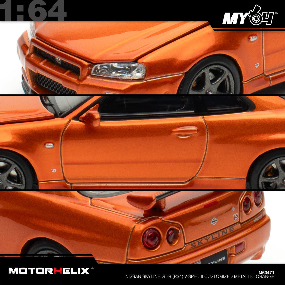 [Motorhelix] 1:64 Nissan Skyline GT-R (R34) V-Spec II Customized - Metallic Orange