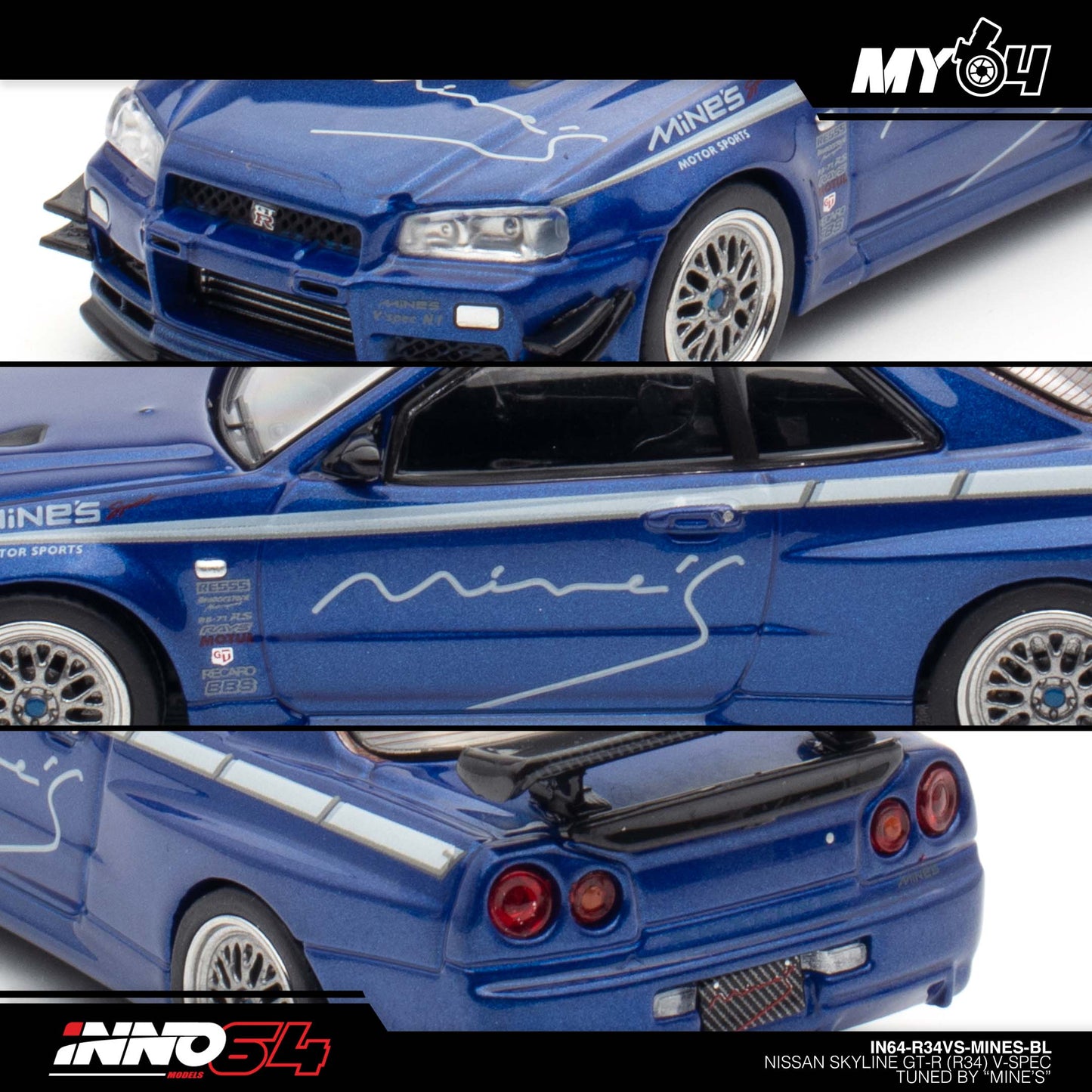 [INNO64] Nissan Skyline GT-R (R34) V-SPEC Tuned by "MINE'S" - Blue