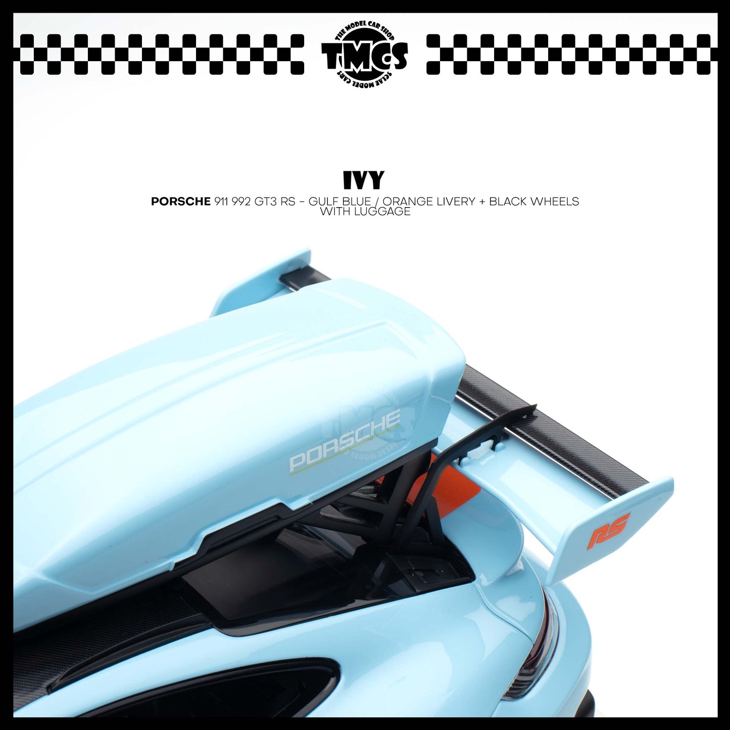 [IVY] 1:18 Porsche 911 992 GT3 RS - Gulf Blue / Orange Livery + Black Wheels WIth Luggage