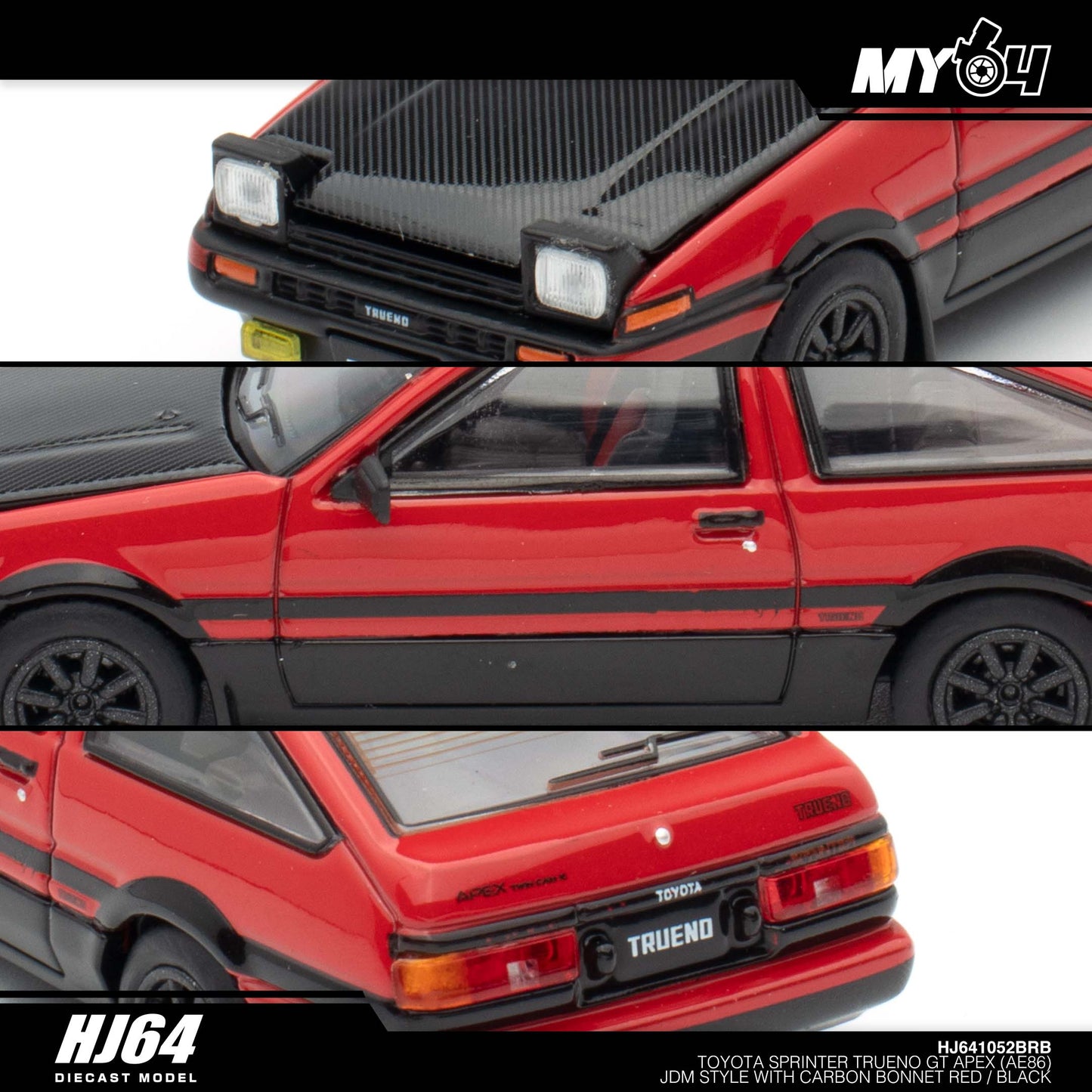 [Hobby Japan] Toyota SPRINTER TRUENO GT APEX (AE86) JDM Style with CARBON BONNET( Functional Engine Hood) - Red / Black