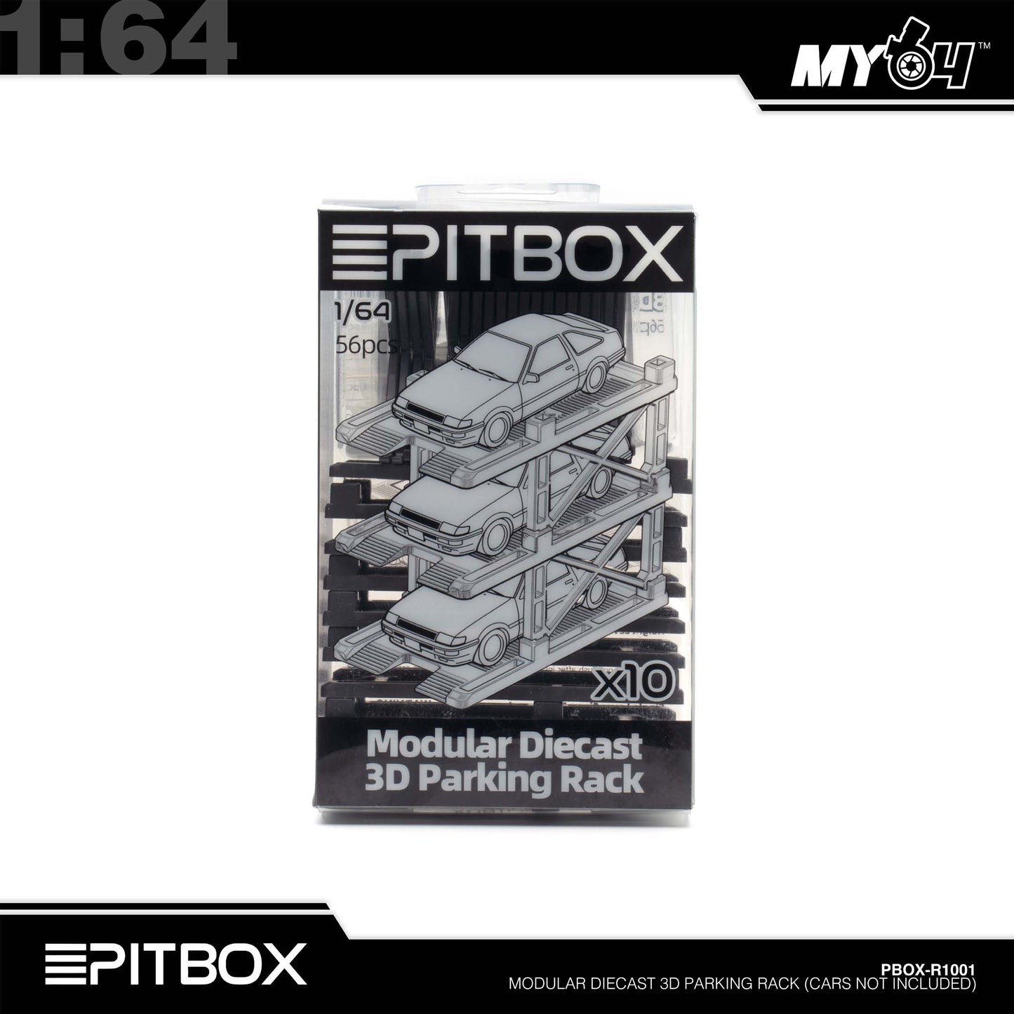 [PitBox] 1:64 Diorama 10-Bay Parking Rack (Grey) with Car Holder
