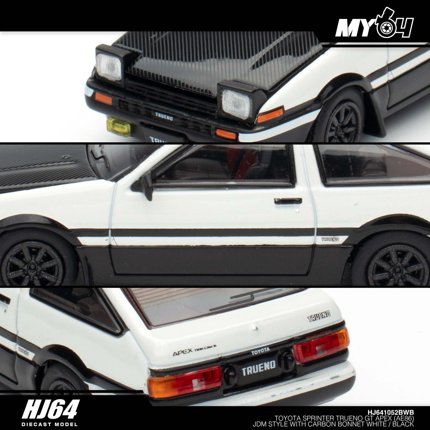 [Hobby Japan] Toyota SPRINTER TRUENO GT APEX (AE86) JDM Style with CARBON BONNET( Functional Engine Hood) - White / Black