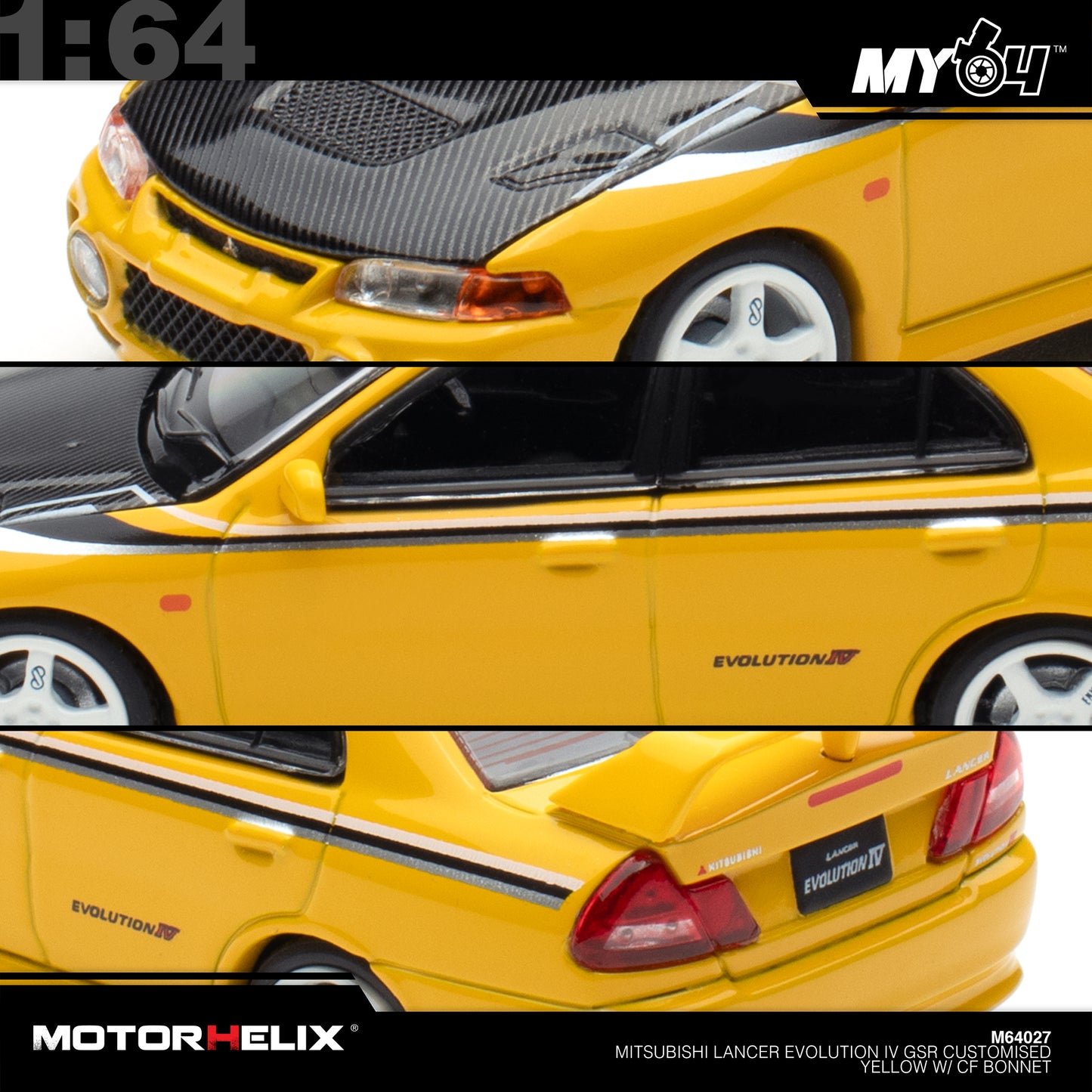 [Motorhelix] 1:64 Mitsubishi Lancer GSR Evolution IV - Customized Yellow with Carbon Bonnet