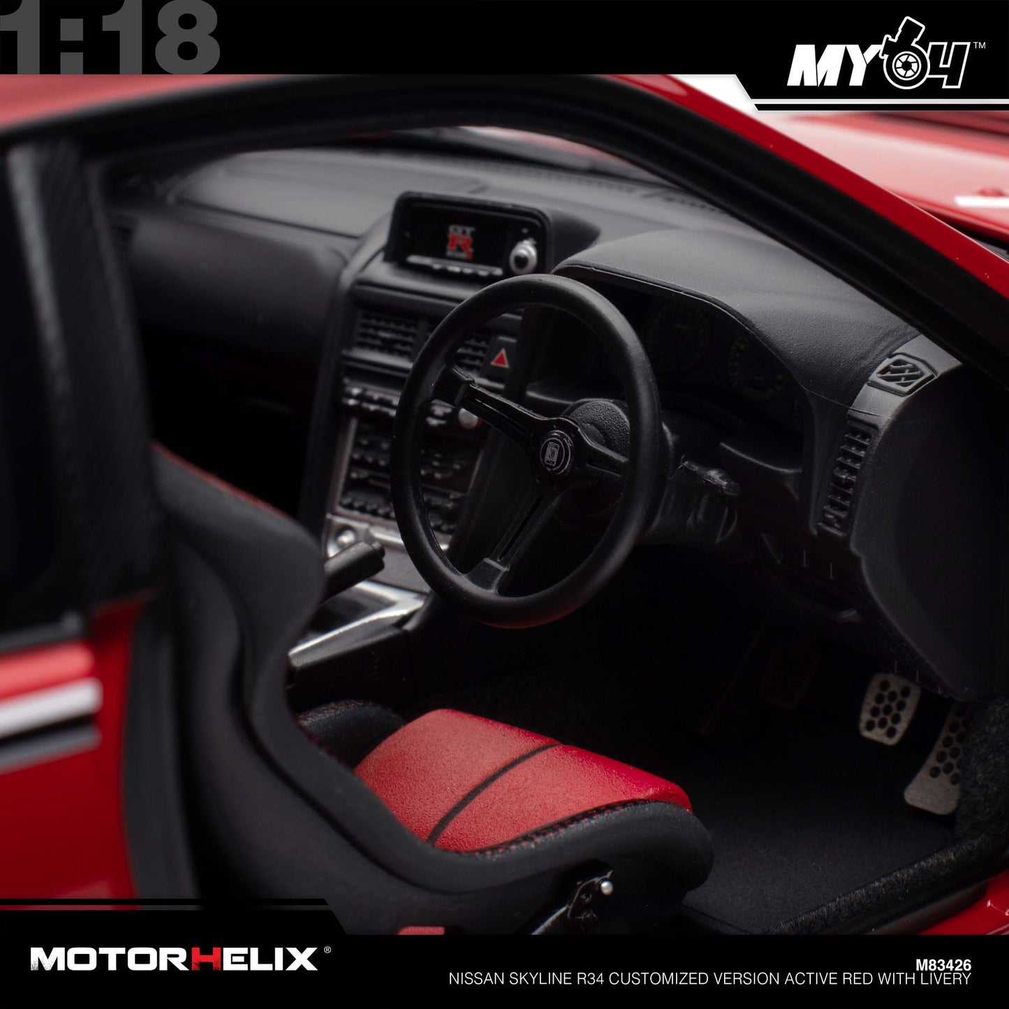 [Motorhelix] 1:18 Nissan Skyline R34 Customized Version -  Active Red With Livery