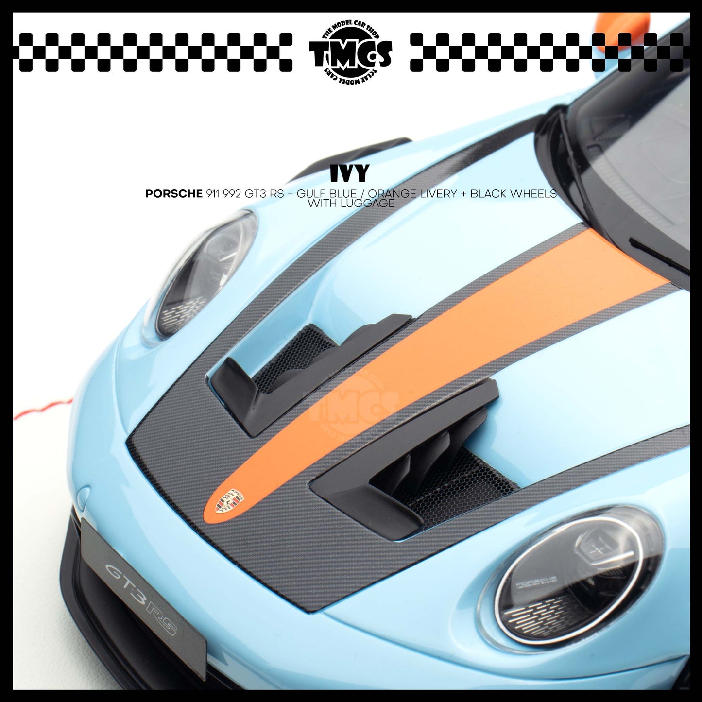 [IVY] 1:18 Porsche 911 992 GT3 RS - Gulf Blue / Orange Livery + Black Wheels WIth Luggage