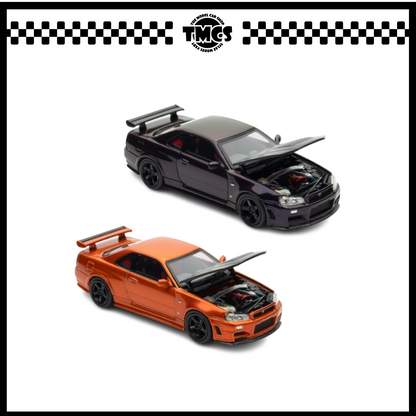 [Motorhelix] 1:64 Combo Set Nissan Skyline GT-R (R34) Customized with Carbon Bonnet - Metallic Orange + Midnight Purple