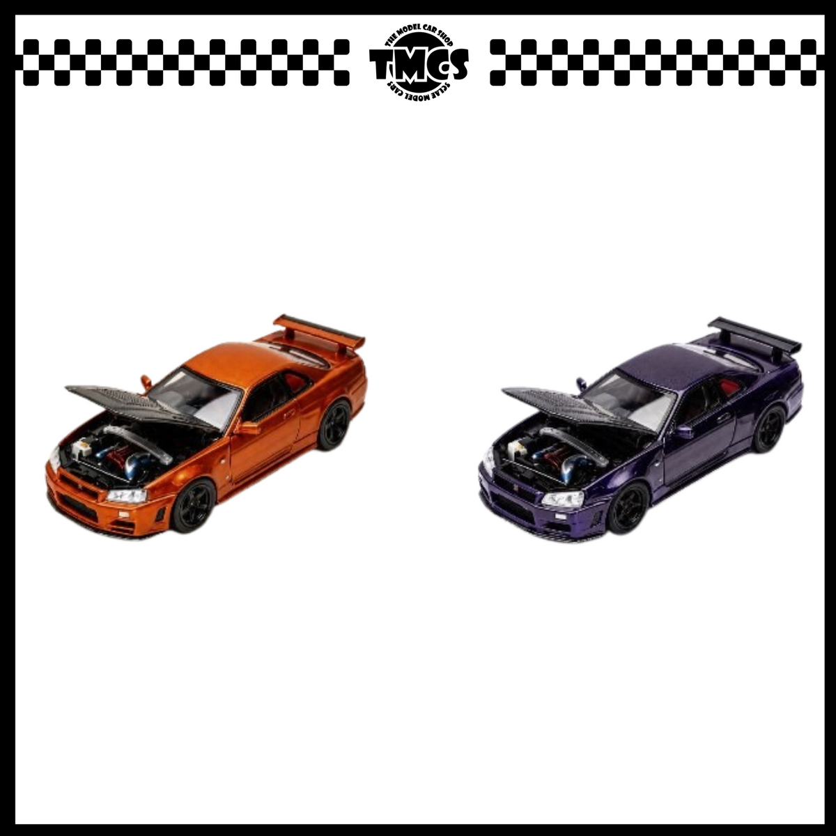 [Motorhelix] 1:64 Combo Set Nissan Skyline GT-R (R34) Customized with Carbon Bonnet - Metallic Orange + Midnight Purple