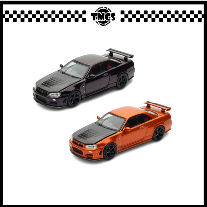 [Motorhelix] 1:64 Combo Set Nissan Skyline GT-R (R34) Customized with Carbon Bonnet - Metallic Orange + Midnight Purple