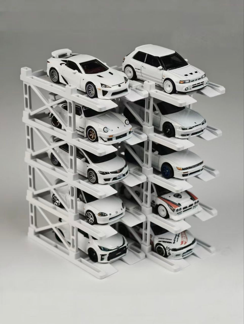 [PitBox] 1:64 Diorama 10-Bay Parking Rack (White) with Car Holder