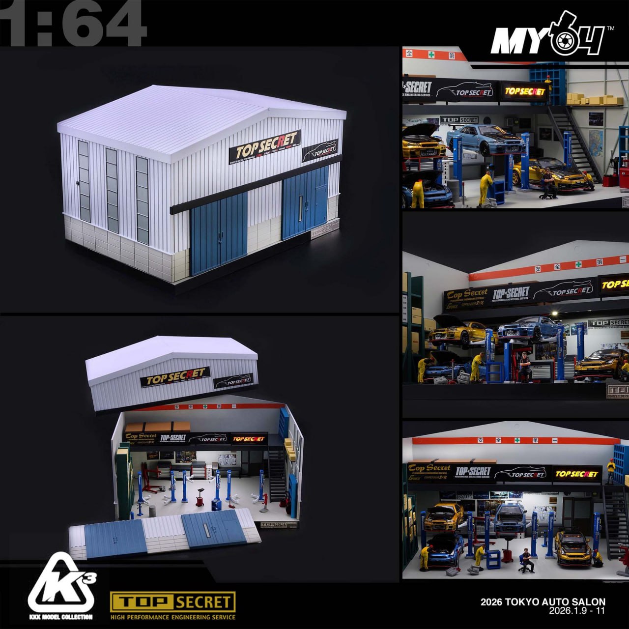 (UNSEAL UNIT) [BMC] 1:64 Tokyo Auto Salon 2026 Top Secret Special - Diorama Garage + 35 GT-R - Gold w/Carbon Bonnet