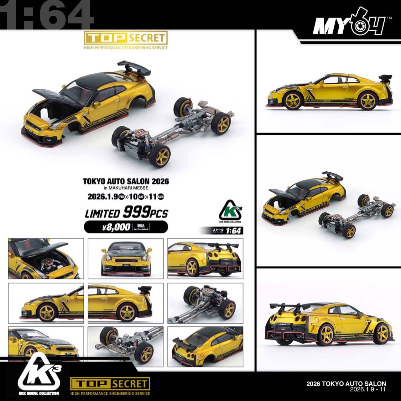 (UNSEAL UNIT) [BMC] 1:64 Tokyo Auto Salon 2026 Top Secret Special - Diorama Garage + 35 GT-R - Gold w/Carbon Bonnet