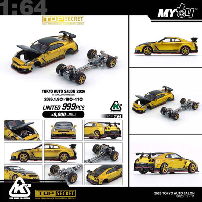 (UNSEAL UNIT) [BMC] 1:64 Tokyo Auto Salon 2026 Top Secret Special - Diorama Garage + 35 GT-R - Gold w/Carbon Bonnet