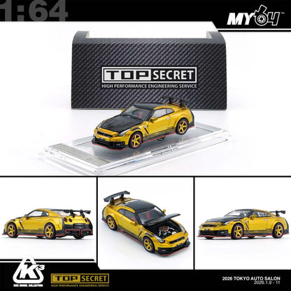 (UNSEAL UNIT) [BMC] 1:64 Tokyo Auto Salon 2026 Top Secret Special - Diorama Garage + 35 GT-R - Gold w/Carbon Bonnet